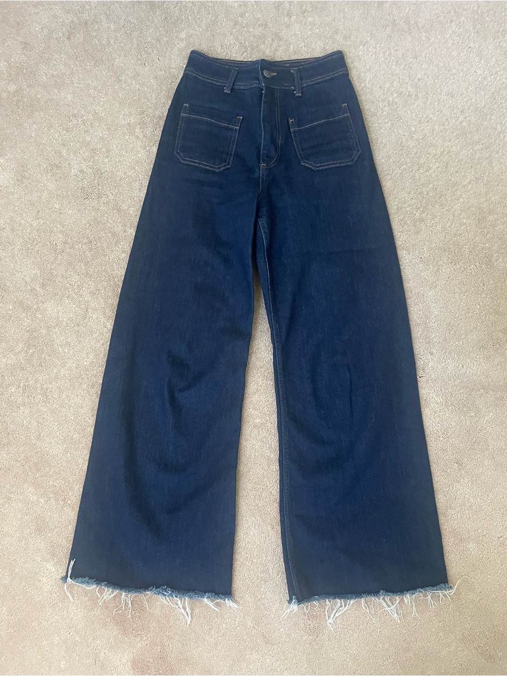 Zara Dark Blue Wide-Leg Frayed Hem Jeans - Women